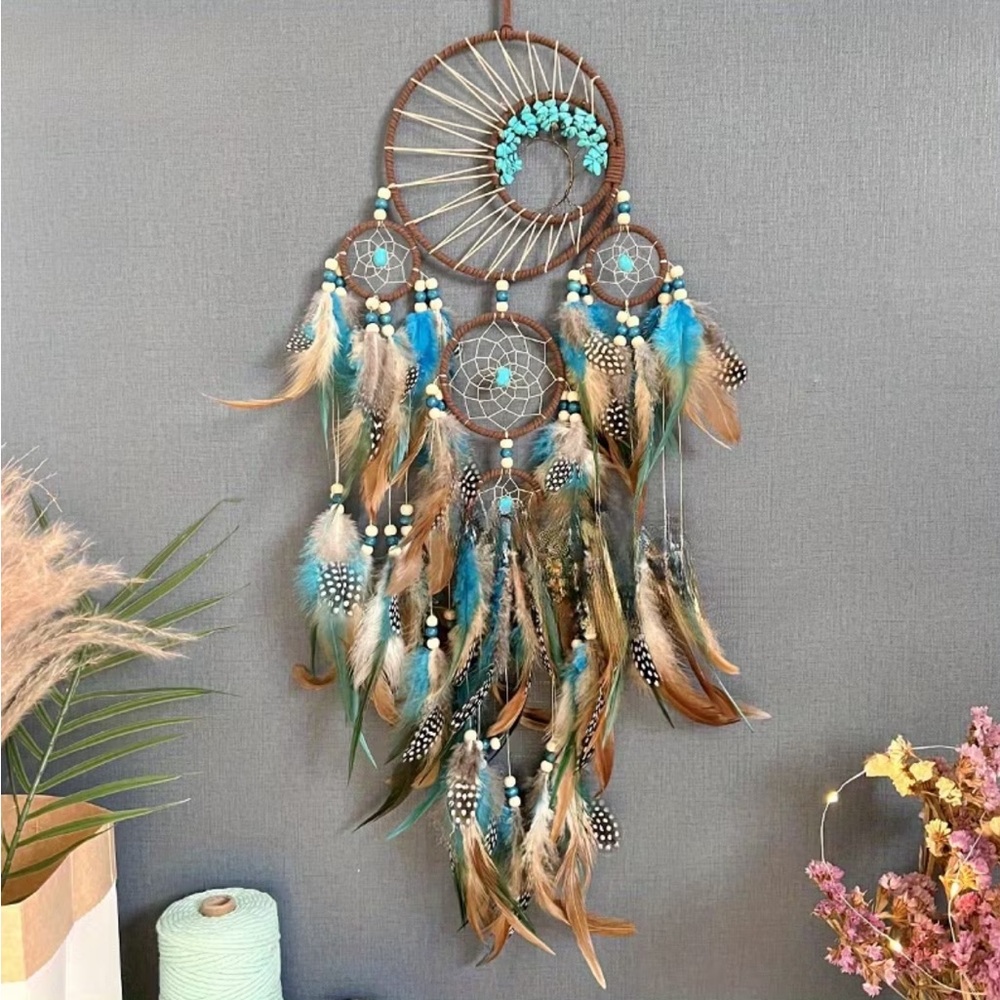 Large Boho Dreamcatcher Wall Hanging - Turquoise & Feather Decor - Picture 8 of 9